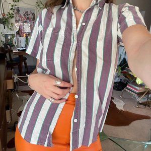 Vintage Short Sleeve Vertical Nautical Stripe Button Up Shirt